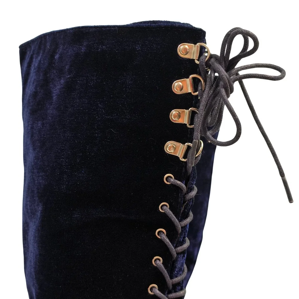 Steampunk Tall Boots Womens 7.5 Blue Jermesha Velvet Lace Up Side Zip Boots